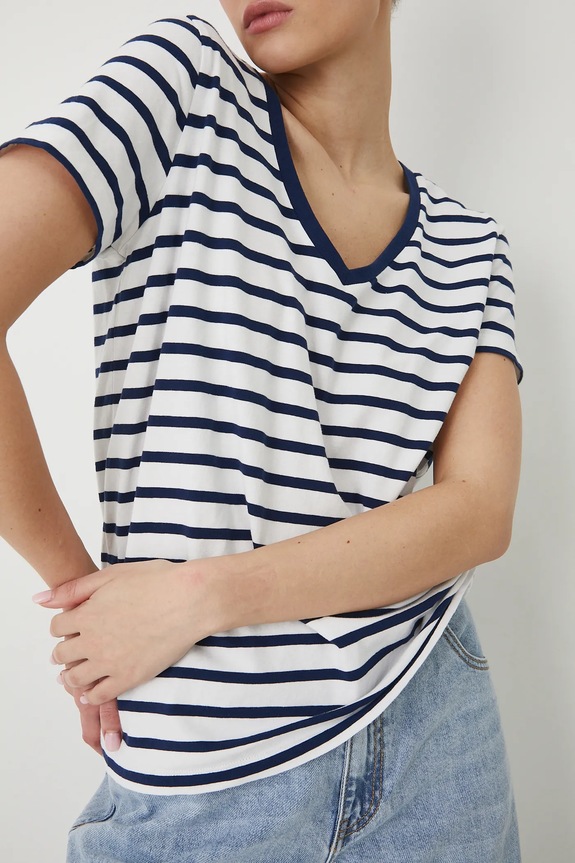 T-shirt bawełniany damski z elastanem w pasy kolor biały RW24-TSD043