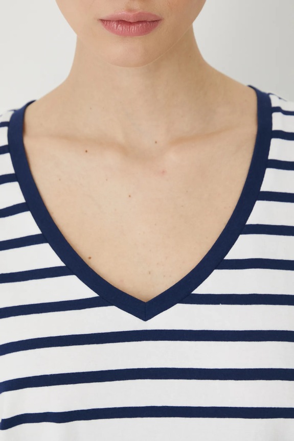 T-shirt bawełniany damski z elastanem w pasy kolor biały RW24-TSD043