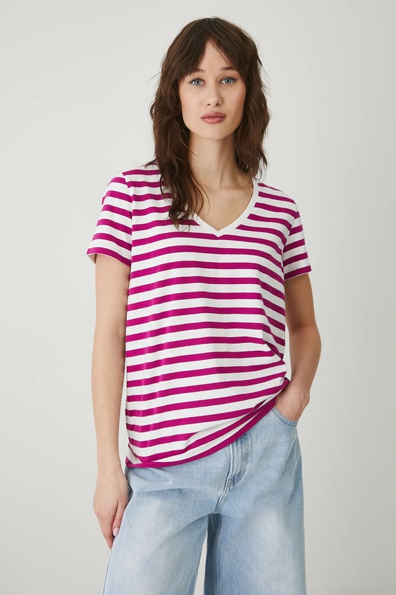 T-shirt bawełniany damski z elastanem w pasy kolor biały szpic biały RW24-TSD043