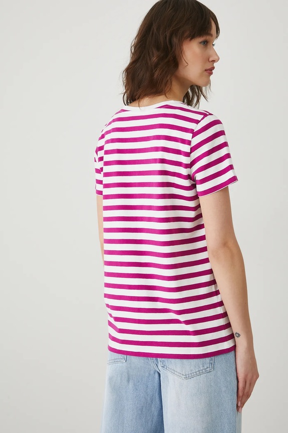 Odzież T-shirt bawełniany damski z elastanem w pasy kolor biały RW24-TSD043 biały