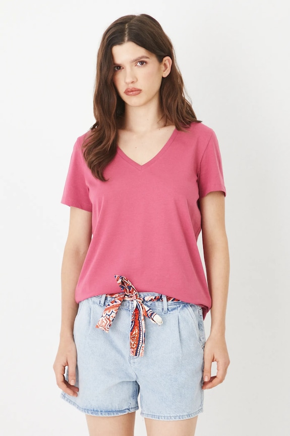 T-shirt bawełniany damski z elastanem gładki kolor różowy z elastanem różowy RW24-TSD043