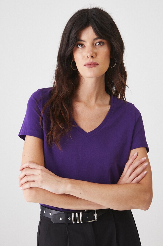 Bavlněné tričko dámské s elastanem, bez vzoru fialová RW24-TSD043