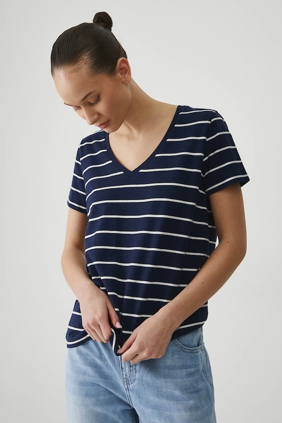 T-shirt bawełniany damski z elastanem w pasy kolor granatowy szpic granatowy RW24-TSD043