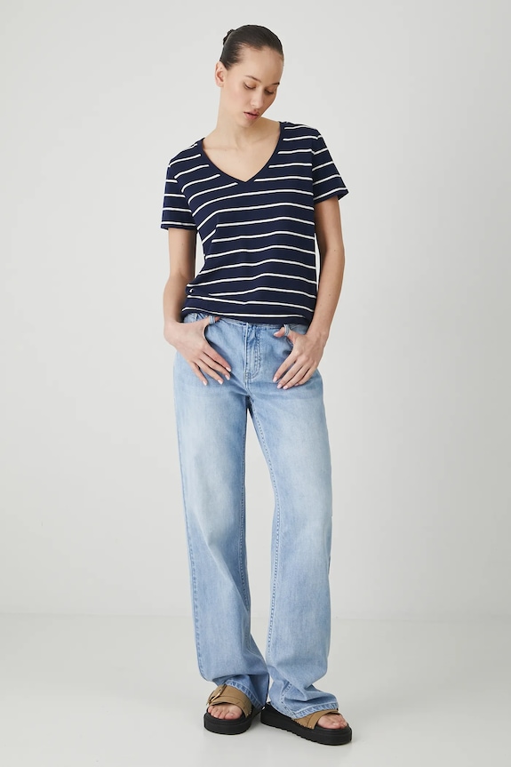 T-shirt bawełniany damski z elastanem w pasy kolor granatowy RW24-TSD043 granatowy RW24