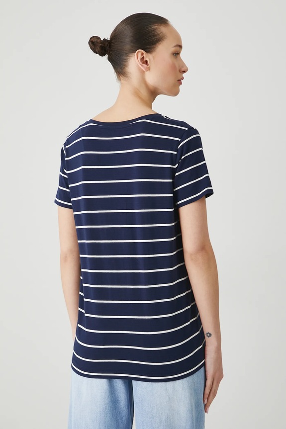 Odzież T-shirt bawełniany damski z elastanem w pasy kolor granatowy RW24-TSD043 granatowy