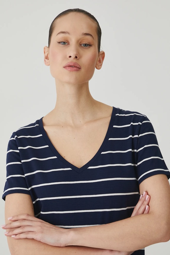 T-shirt bawełniany damski z elastanem w pasy kolor granatowy granatowy RW24-TSD043