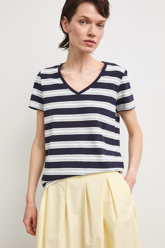 T-shirt bawełniany damski z elastanem w pasy RW24-TSD043 granatowy RW24