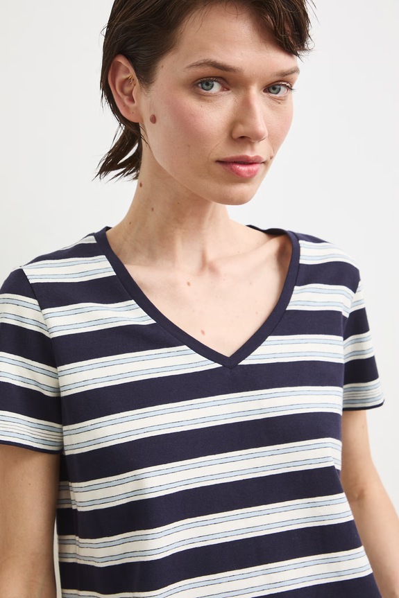 T-shirt bawełniany damski z elastanem w pasy granatowy RW24-TSD043