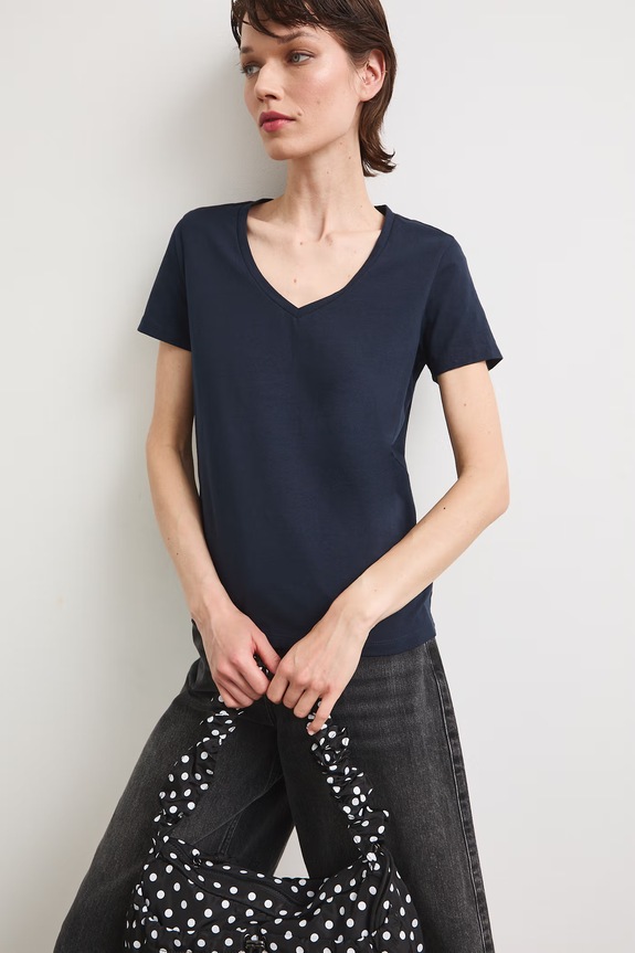 T-shirt bawełniany damski z elastanem gładki z elastanem granatowy RW24-TSD043