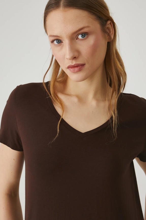 Bavlnené tričko dámske s elastanom, hladký hnedá farba hnedá RW24-TSD043