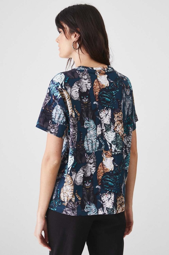 Odzież T-shirt bawełniany damski z domieszką elastanu wzorzysty kolor multicolor RW24-TSD051 turkusowy