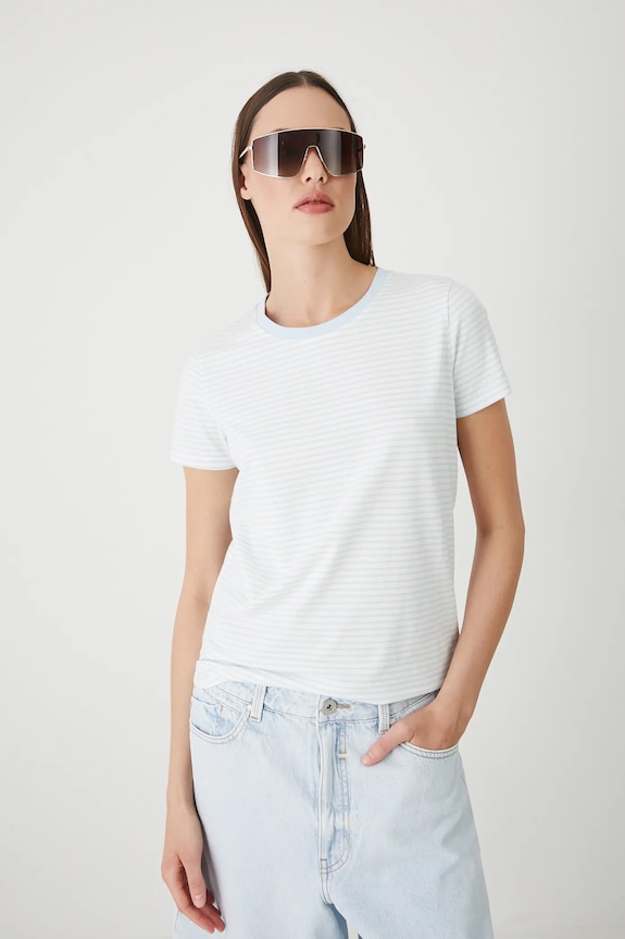 T-shirt bawełniany damski z elastanem w pasy z elastanem niebieski RW24-TSD062