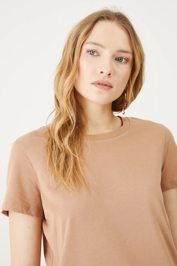 T-shirt bawełniany damski z elastanem gładki beżowy RW24-TSD062