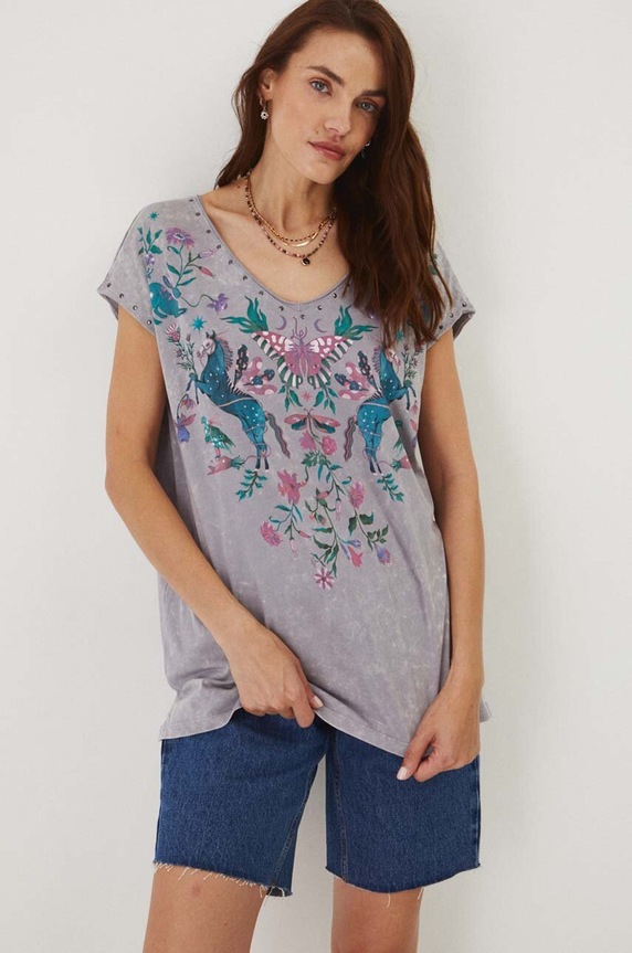 T-shirt bawełniany damski z nadrukiem kolor szary bawełna szary RW24.TSD103