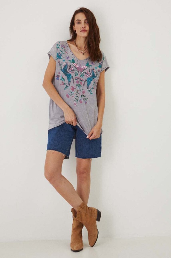T-shirt bawełniany damski z nadrukiem kolor szary RW24.TSD103 szary RW24