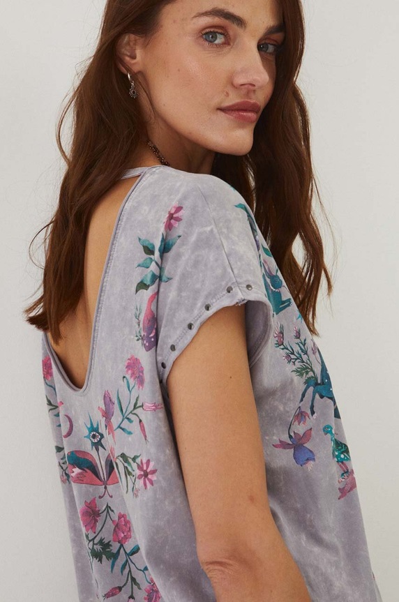 T-shirt bawełniany damski z nadrukiem kolor szary szary RW24.TSD103