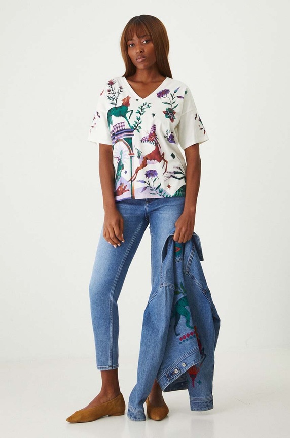 T-shirt bawełniany damski z nadrukiem kolor beżowy bawełna beżowy RW24.TSD108