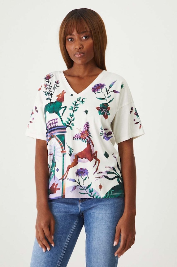 T-shirt bawełniany damski z nadrukiem kolor beżowy RW24.TSD108 beżowy RW24