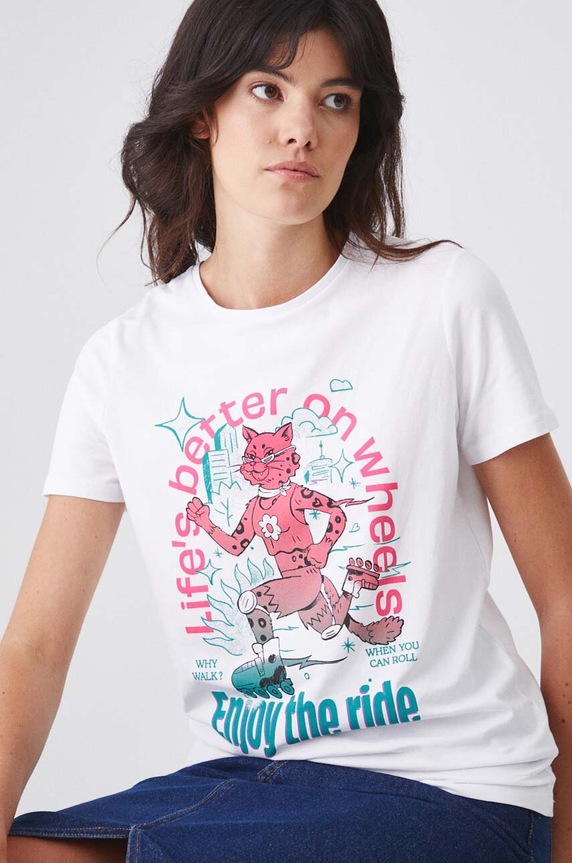 T-shirt bawełniany damski z domieszką elastanu z nadrukiem biały biały RW24-TSD171