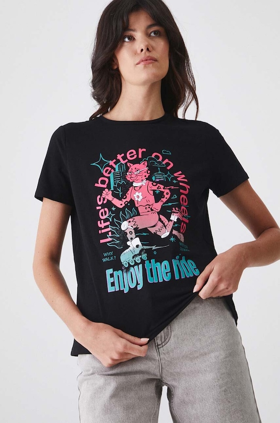 T-shirt bawełniany damski z domieszką elastanu z nadrukiem czarny okrągły czarny RW24-TSD171