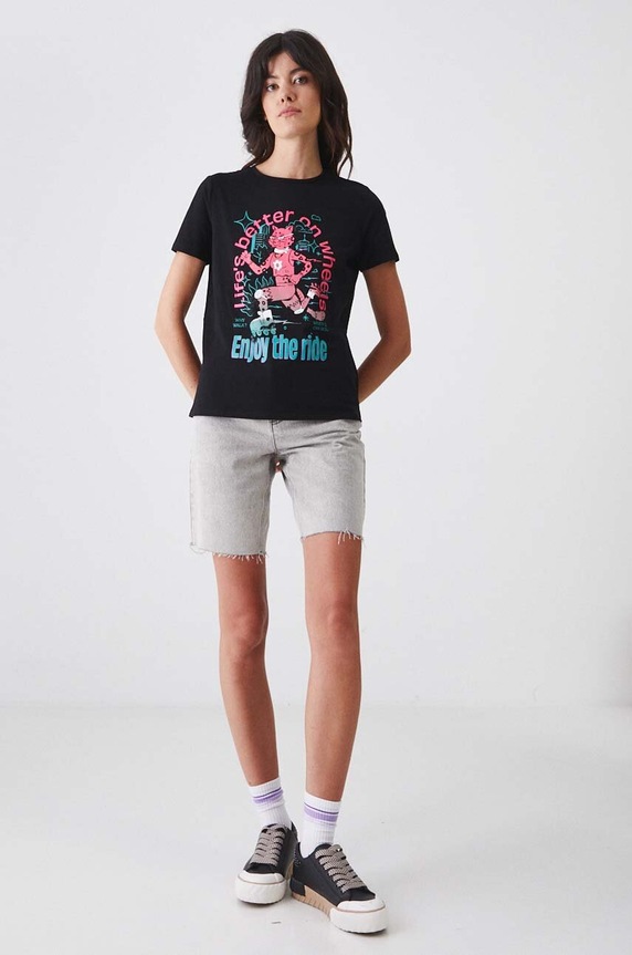T-shirt bawełniany damski z domieszką elastanu z nadrukiem czarny RW24-TSD171 czarny RW24