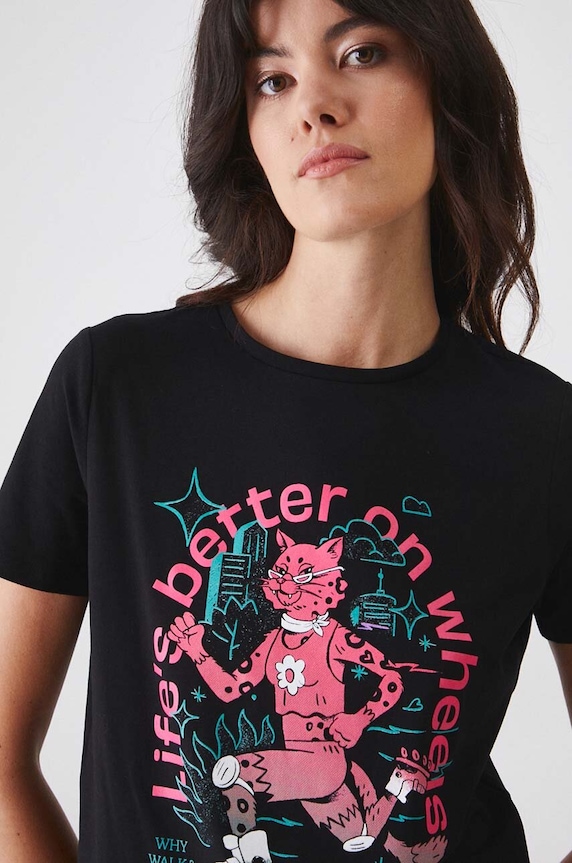 T-shirt bawełniany damski z domieszką elastanu z nadrukiem czarny czarny RW24-TSD171
