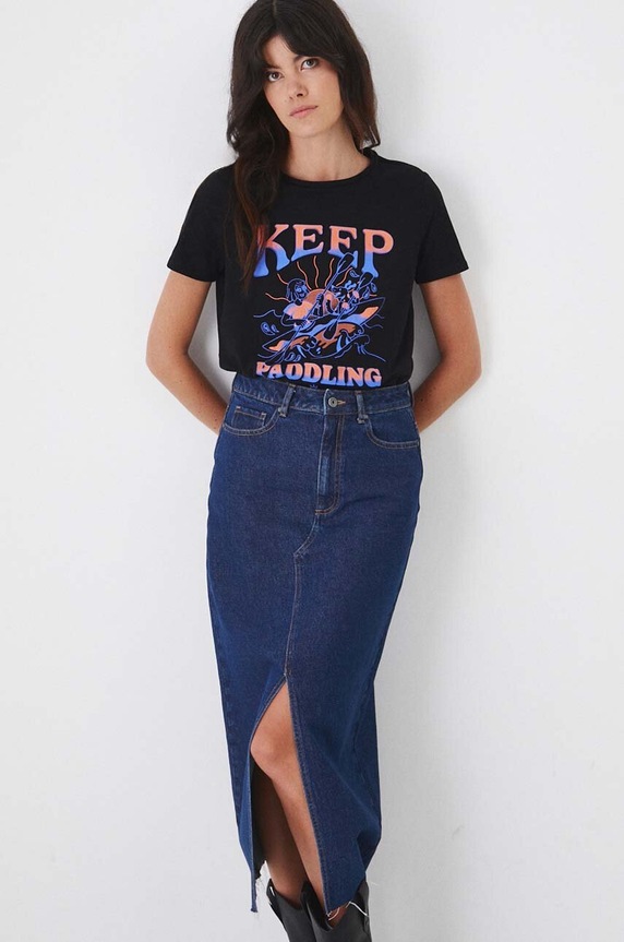 T-shirt bawełniany damski z domieszką elastanu z nadrukiem czarny okrągły czarny RW24-TSD172
