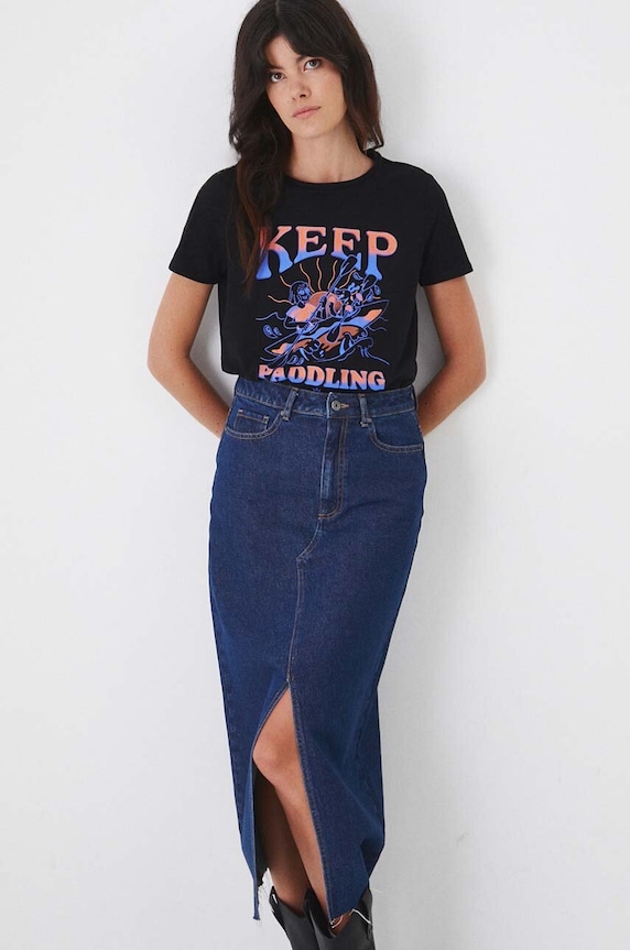 T-shirt bawełniany damski z domieszką elastanu z nadrukiem czarny okrągły czarny RW24-TSD172