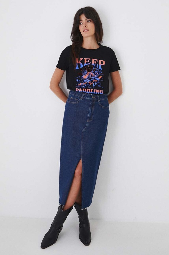 T-shirt bawełniany damski z domieszką elastanu z nadrukiem czarny RW24-TSD172 czarny RW24