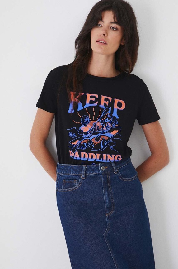 T-shirt bawełniany damski z domieszką elastanu z nadrukiem czarny czarny RW24-TSD172