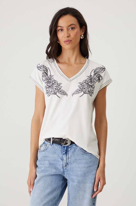 T-shirt bawełniany damski z domieszką elastanu z nadrukiem kolor beżowy z elastanem beżowy RW24-TSD204