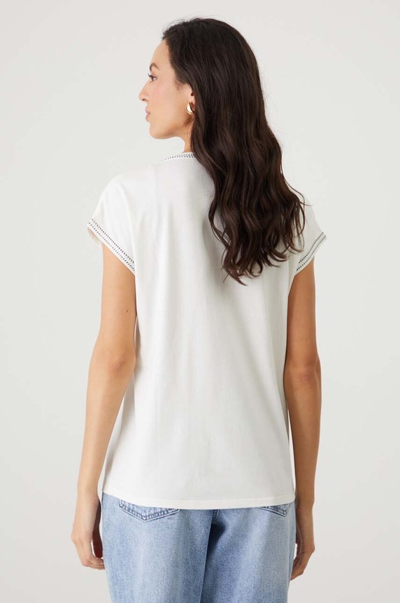 Odzież T-shirt bawełniany damski z domieszką elastanu z nadrukiem kolor beżowy RW24-TSD204 beżowy