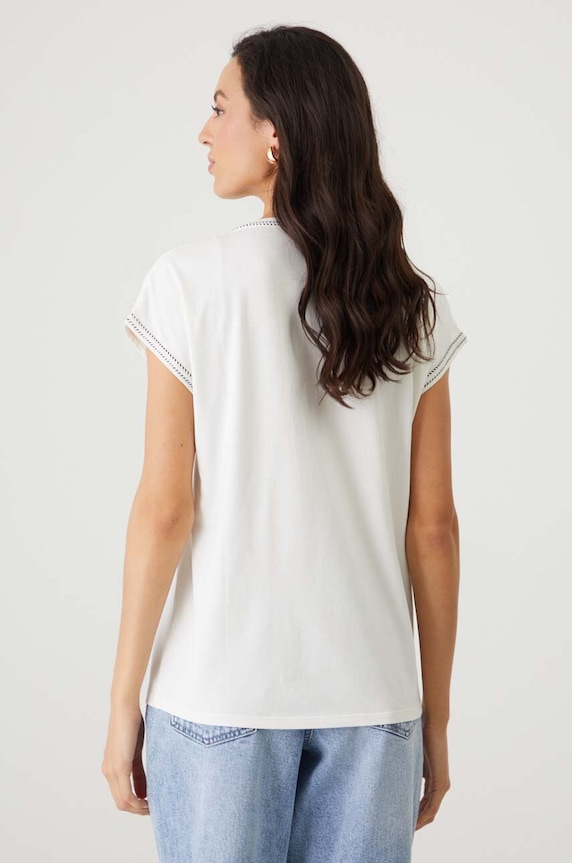 Odzież T-shirt bawełniany damski z domieszką elastanu z nadrukiem kolor beżowy RW24-TSD204 beżowy