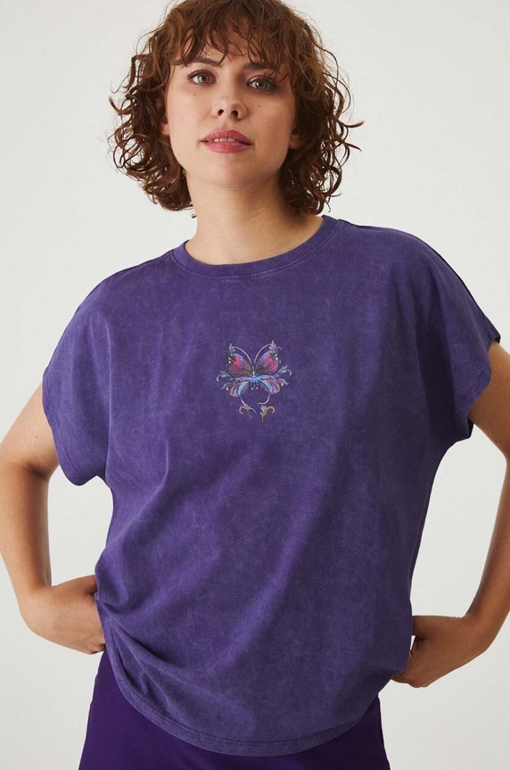 T-shirt bawełniany damski z nadrukiem kolor niebieski niebieski RW24-TSD304