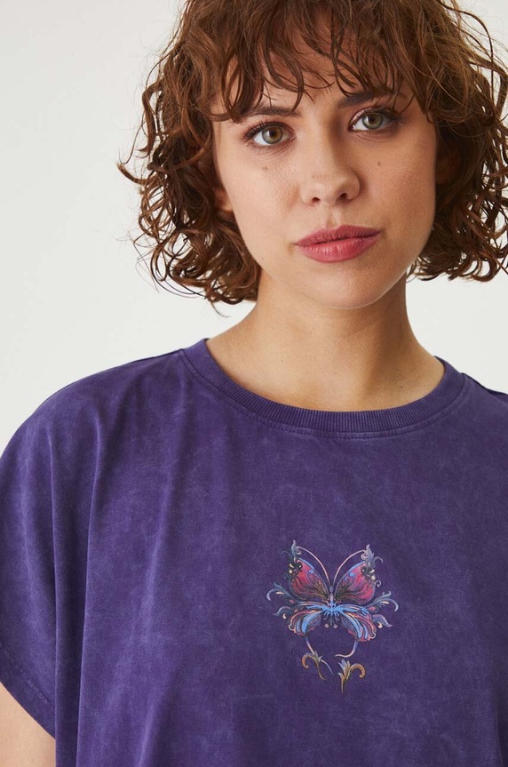 T-shirt bawełniany damski z nadrukiem kolor niebieski okrągły niebieski RW24-TSD304