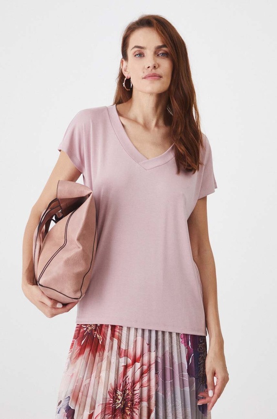 T-shirt basic damski z modalem z elastanem różowy RW24-TSD404