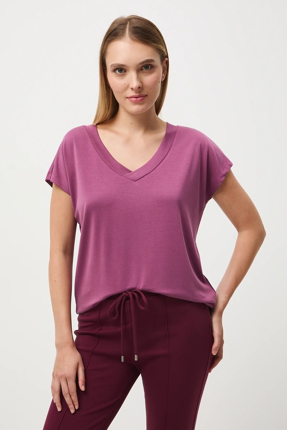 T-shirt basic damski z modalem z elastanem fioletowy RW24-TSD404