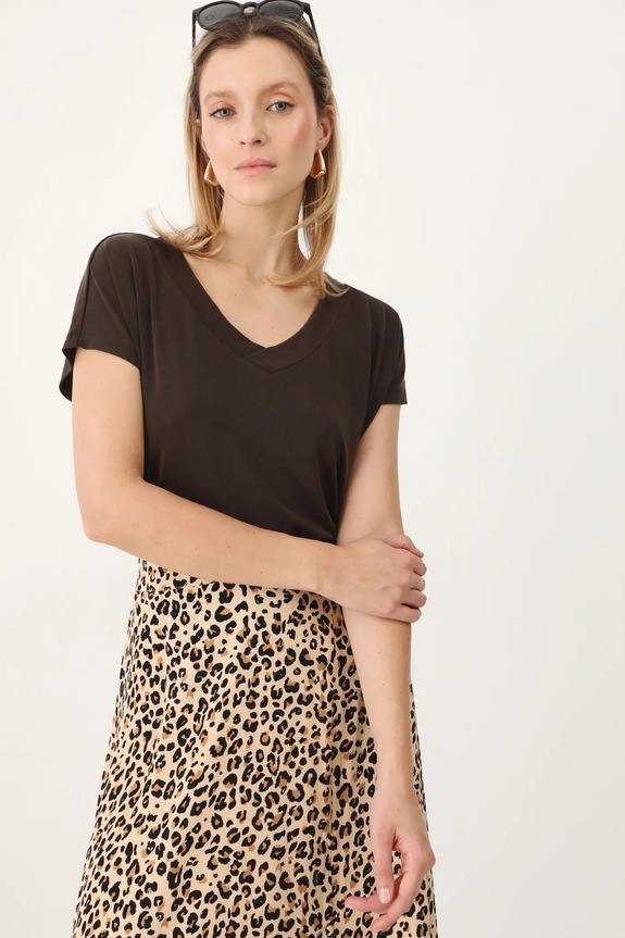 T-shirt basic damski z modalem z elastanem brązowy RW24-TSD404