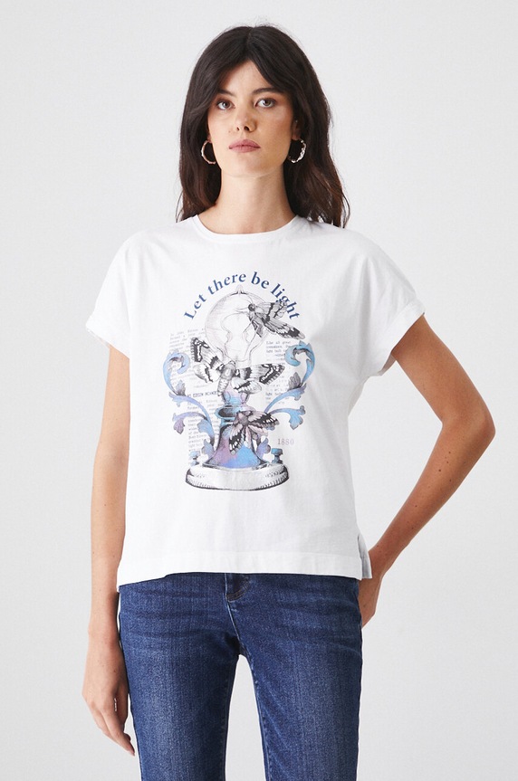 T-shirt bawełniany damski z nadrukiem z kolekcji Science kolor biały RW24-TSD450 biały RW24