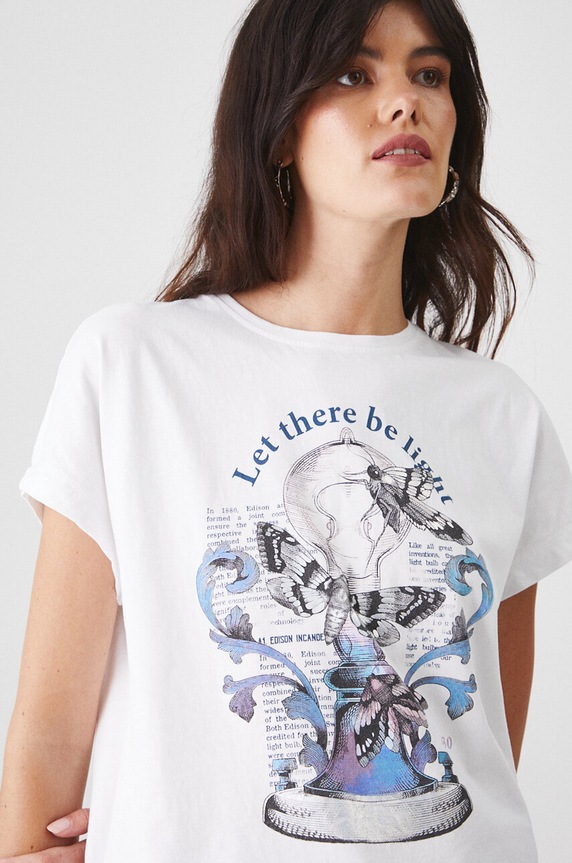 T-shirt bawełniany damski z nadrukiem z kolekcji Science kolor biały RW24-TSD450 biały