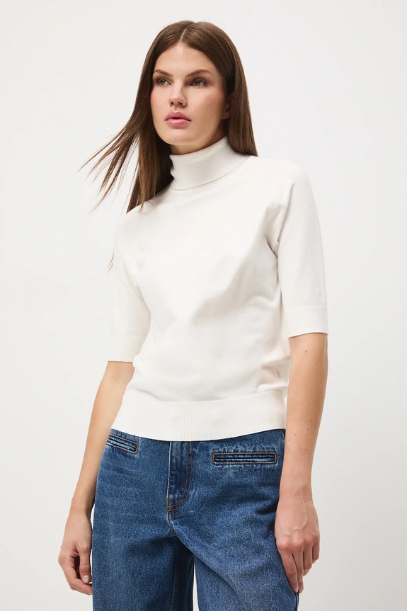 T-shirt damski z golfem kolor beżowy pozostałe beżowy RW24-TSD600