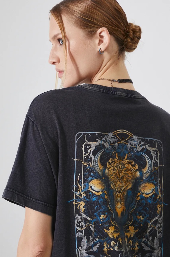 T-shirt bawełniany damski z kolekcji Zodiak - Byk kolor czarny RW24-TSD951 czarny RW24