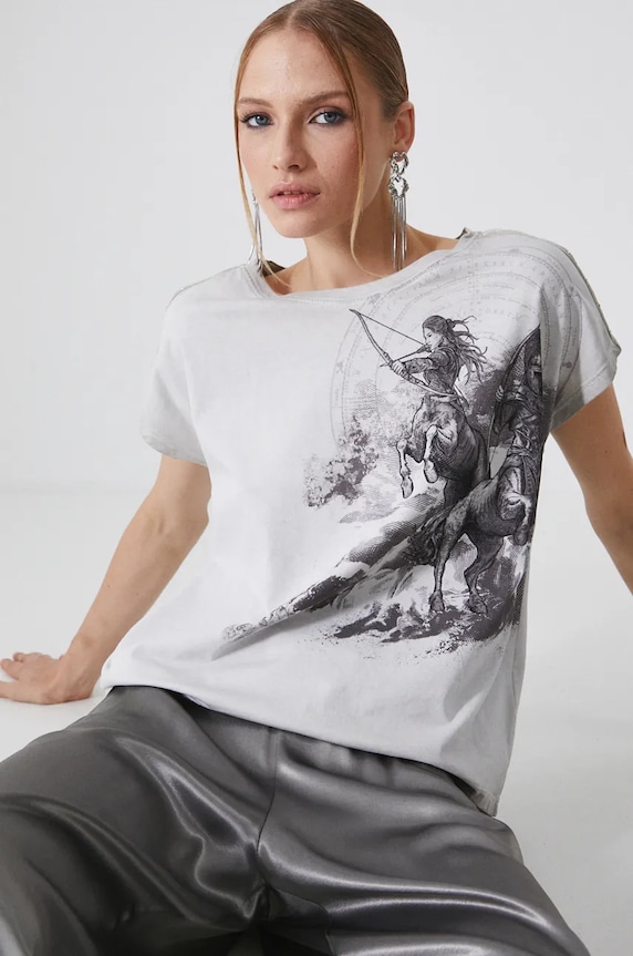 T-shirt bawełniany damski z kolekcji Zodiak - Strzelec kolor szary RW24-TSD958 szary RW24