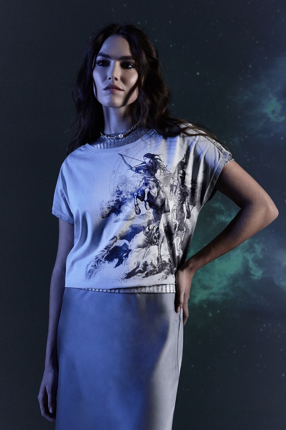 T-shirt bawełniany damski z kolekcji Zodiak - Strzelec kolor szary okrągły szary RW24-TSD958