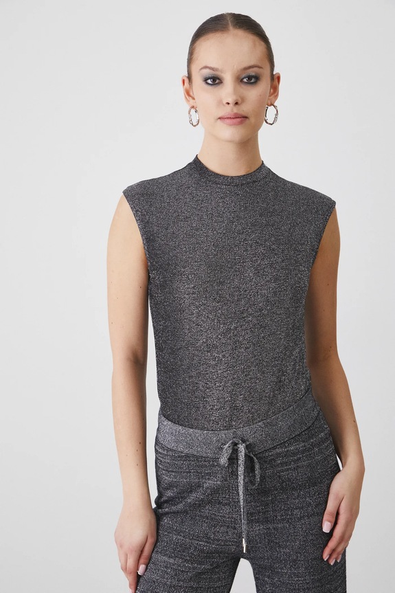Body damskie z metaliczną nicią kolor srebrny z elastanem srebrny RW24-TSDA03