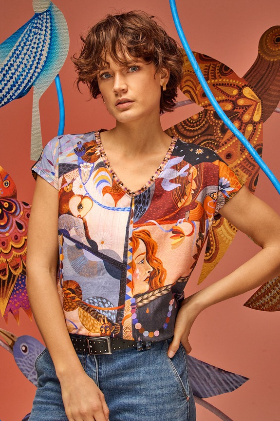 T-shirt bawełniany damski z kolekcji Karolina Matyjaszkowicz x Medicine kolor czarny wzorzyste multicolor RW24-TSDB56