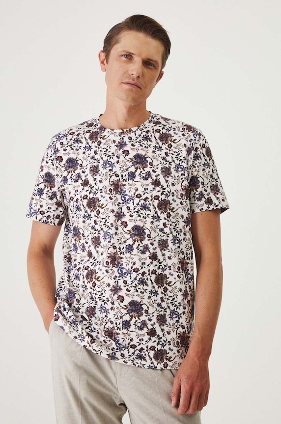 T-shirt bawełniany męski kolor beżowy wzorzyste beżowy RW24-TSM025