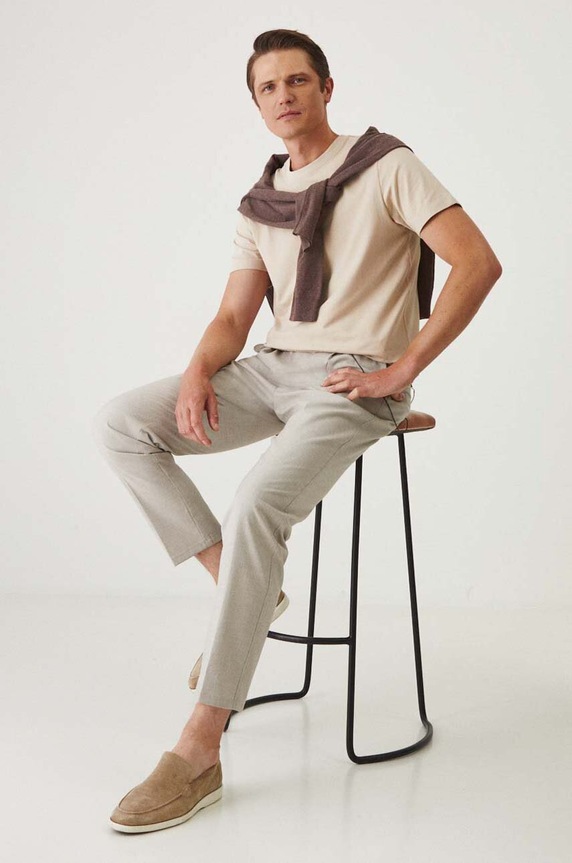 Bavlněné tričko pánské s elastanem, bez vzoru béžová barva slim béžová RW24-TSM026