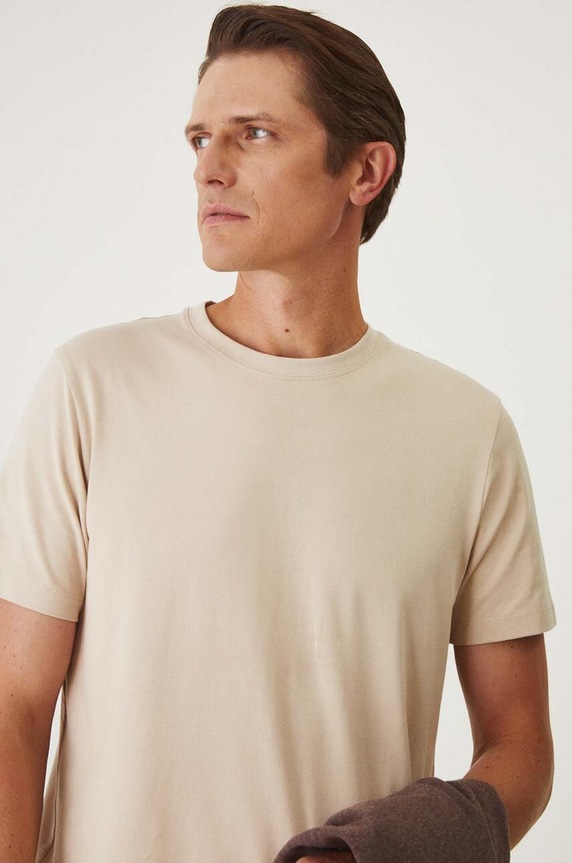 Bavlněné tričko pánské s elastanem, bez vzoru béžová barva béžová RW24-TSM026