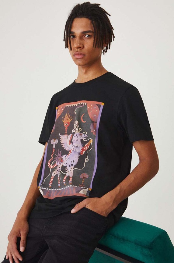 T-shirt bawełniany męski z nadrukiem kolor czarny okrągły czarny RW24-TSM103